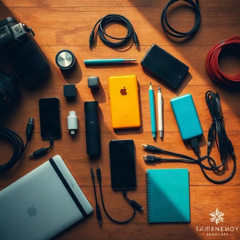 Neatly arranged tech accessories, cables and stationery on a wooden surface