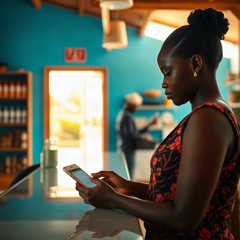 Woman checking her smartphone calendar at the Alphaipulse counter